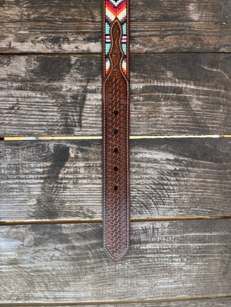 Men's Tooled Leather Belt with Beaded Aztec Work - N210004408 - Blair's Western Wear Marble Falls, TX