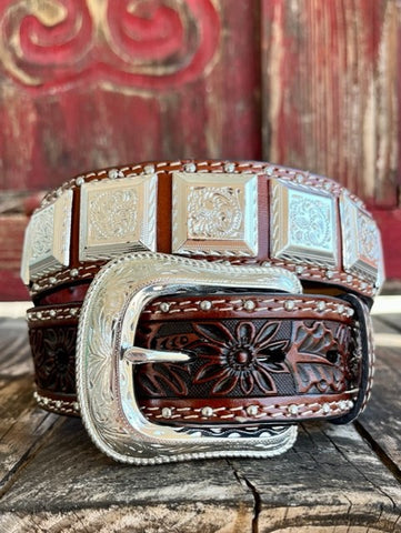 Men's Tooled Leather Concho Belt in Chocolare/Cognac - 1846 - Blair's Western Wear Marble Falls, TX 