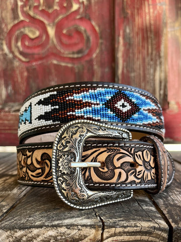 Men's Tooled Leather Belt With Aztec Bead Work in Black/Brown/Blue/White/Tan - 26RT12 - Blair's Western Wear Marble Falls, TX 