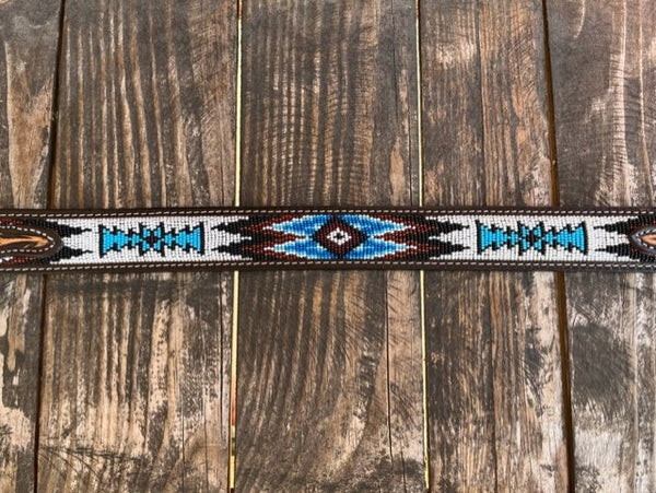 Men's Tooled Leather Belt With Aztec Bead Work in Black/Brown/Blue/White/Tan - 26RT12 - Blair's Western Wear Marble Falls, TX