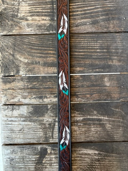 Men's Tooled Leather Belt in Two Toned & Tooled Feathers in Turquosie White & Black - A1038602 - Blair's Western Wear Marble Falls, TX