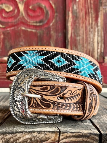 Men's Tooled Leather Belt in Black/White/Turquoise/Tan - 26RT38 - Blair's Western Wear Marble Falls, TX 