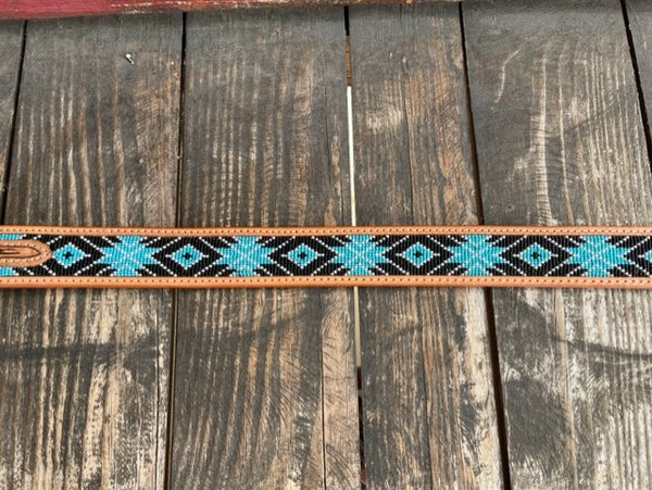 Men's Tooled Leather Belt in Black/White/Turquoise/Tan - 26RT38 - Blair's Western Wear Marble Falls, TX