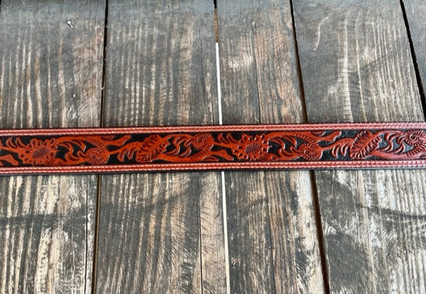 Men's Two Toned Leather Belt in Black & Cherry Brown Tooled Leather - N2496908 - Blair's Western Wear Marble Falls, TX