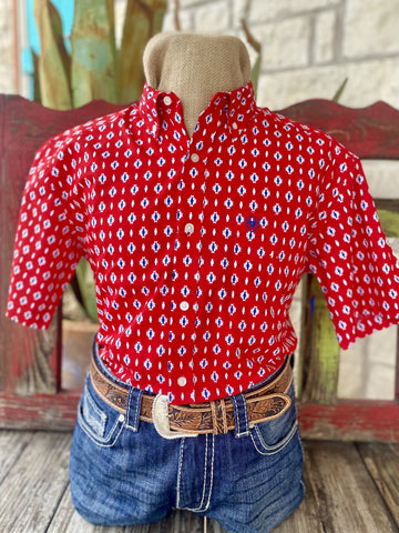 Red, White & Navy Aztec Men's Ariat Short Sleeve Shirt - 10051494 - Blair's Western Wear Marble Falls, TX