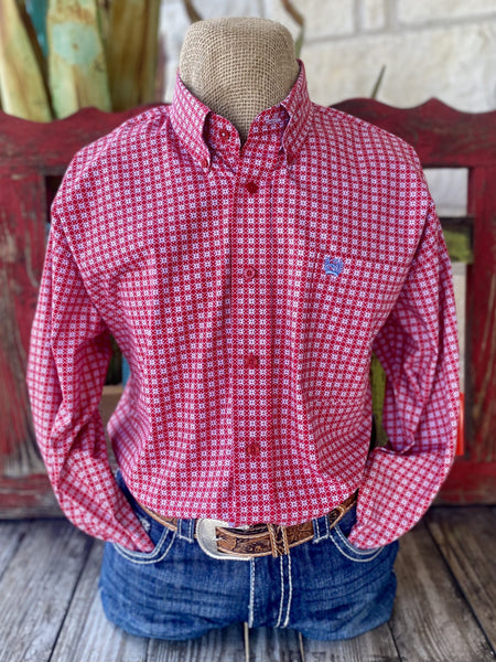 Red & White Men's Cinch Long Sleeve Button Up - MTW1105768