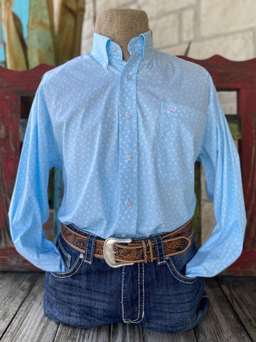 Men's Light Blue & White Floral Cinch Long Sleeve Button Down (MTW1105732) - BLAIR'S Western Wear located in Marble Falls TX 