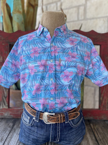 Men's Pink/Blue Ariat Hawaiian Short Sleeve - 10051539 - BLAIR'S Western Wear located in Marble Falls TX