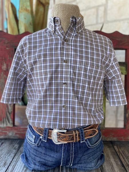 Men's Natural and Brown Wrangler Short Sleeve - 112346243BR - BLAIR'S Western Wear located in Marble Falls Tx