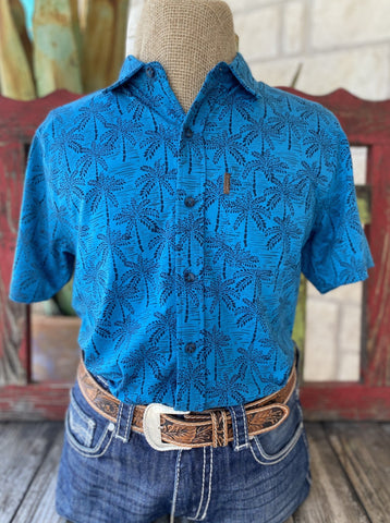 Men's Blue with Black Palm Trees Ariat Short Sleeve - 10051366 - BLAIR'S Western Wear located in Marble Falls Tx