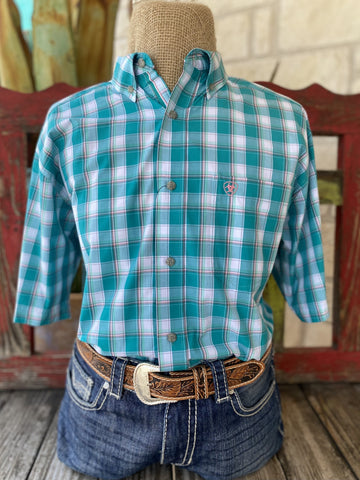 Men's Teal/Pink/White Ariat Short Sleeve - 10051468 - BLAIR'S Western Wear located in Marble Falls TX