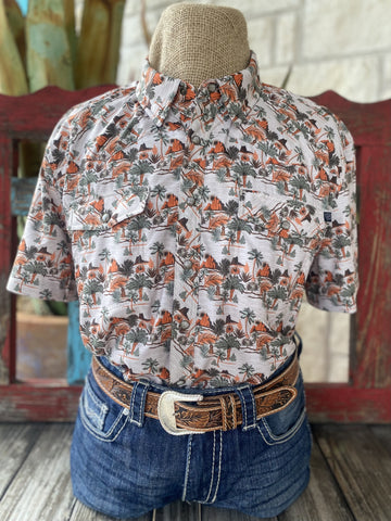 Men's Desert Print Rock N Roll Short Sleeve in Tan, Orange and Olive - BMN3S04227 - BLAIR'S Western Wear located in Marble Falls Tx.