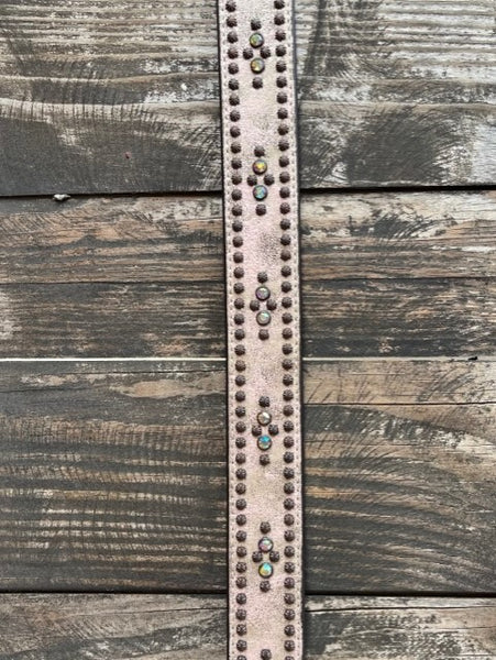 Ladies Studded Belt with Etched Buckle in Bronze & Natural - A15662216 - Blair's Western Wear Marble Falls, TX