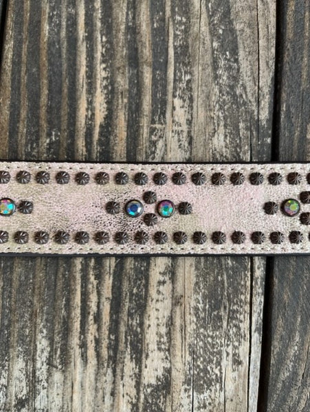 Ladies Studded Belt with Etched Buckle in Bronze & Natural - A15662216 - Blair's Western Wear Marble Falls, TX