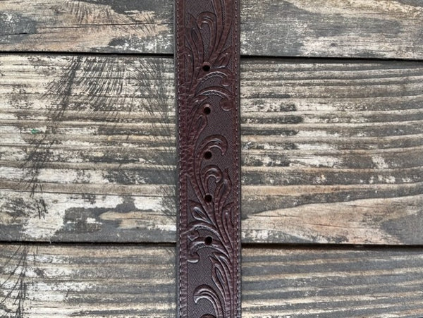 Ladies Tooled Leather Belt with Etched Horseshoe Buckle - C21555 - Blair's Western Wear Marble Falls, TX