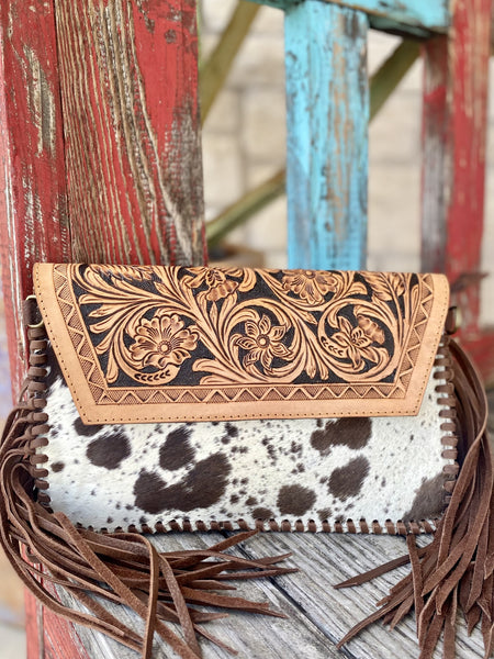 Brown Cowhide / Natural Tooled Leather American Darling Clutch / Purse ADBGD111