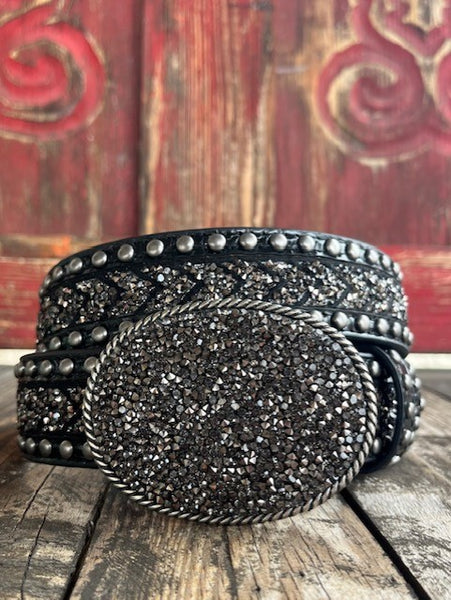 Ladies Black Crusshed Crystal Belt with Stud Detailing - D140007701 - Blair's Western Wear Marble Falls, TX 