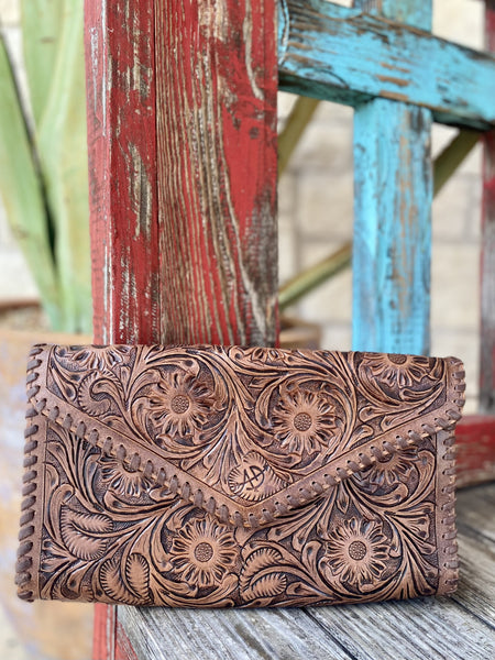 Women's Tooled Leather Clutch from American Darling w/ Strap - ADBG395BR - Blair's Western Wear Marble Falls, TX