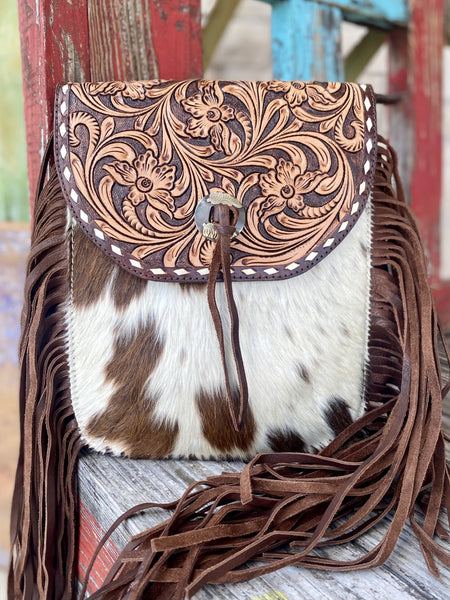 Brown & White Cowhide Tooled Leather American Darling Clutch / Purse ADBGA353- Blair's Western Wear