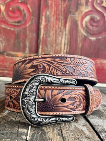 Ladies Tooled Sunflower Leather Belt in Brown - N320001608 - Blair's Western Wear Marble Falls, TX 