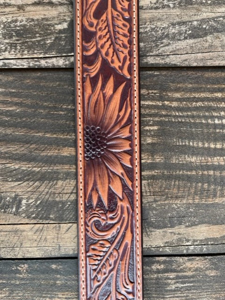 Ladies Tooled Sunflower Leather Belt in Brown - N320001608 - Blair's Western Wear Marble Falls, TX