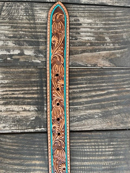 Ladies Tooled Leather Belt with Turquoise Outline - ADBLF179 - BLAIR'S WESTERN WEAR MARBLE FALLS, TX