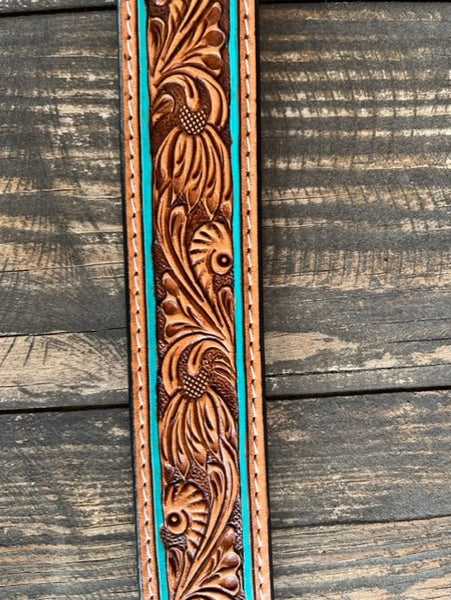 Ladies Tooled Leather Belt with Turquoise Outline - ADBLF179 - BLAIR'S WESTERN WEAR MARBLE FALLS, TX