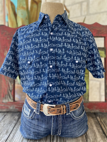 Men's Navy Cactus Roper Short Sleeve - 3020640469 - BLAIR'S Western Wear located in Marble Falls TX 