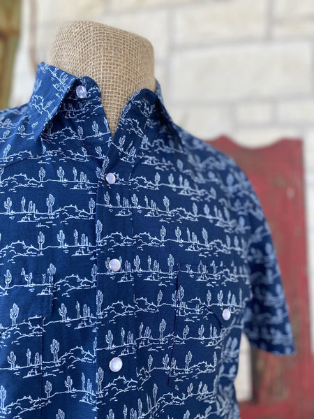 Men's Navy Cactus Roper Short Sleeve - 3020640469 - BLAIR'S Western Wear located in Marble Falls TX