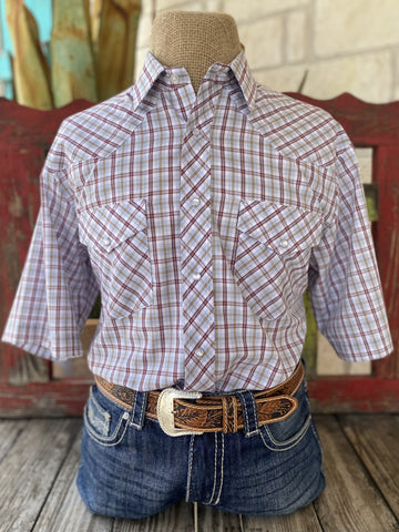 Men's Roper Short Sleeve Shirt with White, Wine, and Light Blue Striped Pattern- 1021713002 - BLAIR'S Western Wear