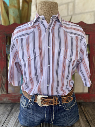 Men's White/Grey/Orange Striped Roper Short Sleeve - 102044435 - BLAIR'S Western Wear located in Marble Falls TX