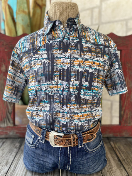 Men's Gray/Orange/Turquoise Hawaiian Roper Short Sleeve - 3264467 - BLAIR'S Western Wear located in Marble Falls TX 