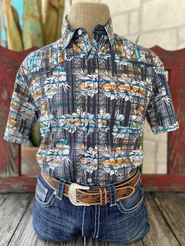 Men's Gray/Orange/Turquoise Hawaiian Roper Short Sleeve - 3264467 - BLAIR'S Western Wear located in Marble Falls TX 