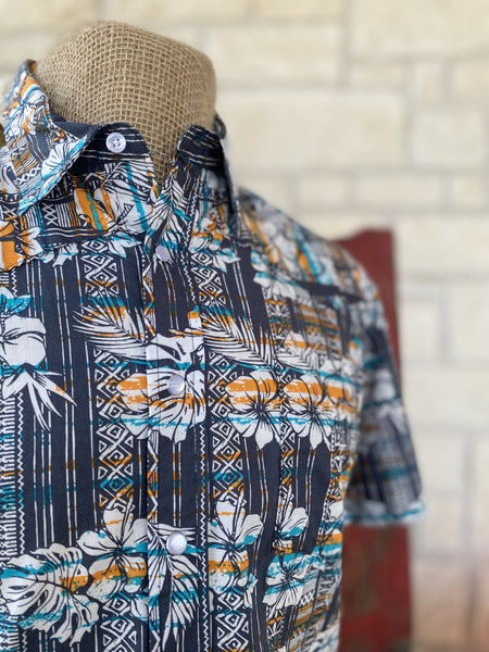 Men's Gray/Orange/Turquoise Hawaiian Roper Short Sleeve - 3264467 - BLAIR'S Western Wear located in Marble Falls TX