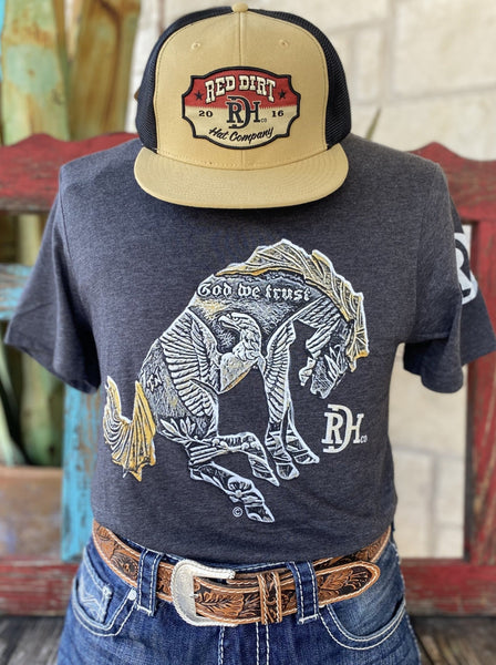 Men's Red Dirt T-Shirt with Grey and Tan Buck Horse with phrase "God We Trust" and Red Dirt Hat Co. Logo - RDHCT103 - BLAIR'S Western Wear located in Marble Falls Tx