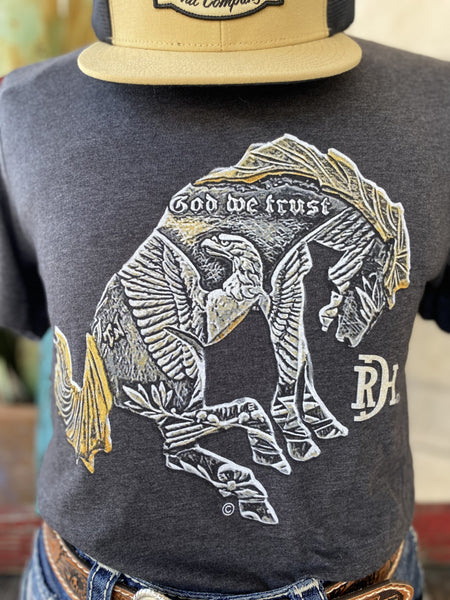 Men's Red Dirt T-Shirt with Grey and Tan Buck Horse with phrase "God We Trust" and Red Dirt Hat Co. Logo - RDHCT103 - BLAIR'S Western Wear located in Marble Falls Tx