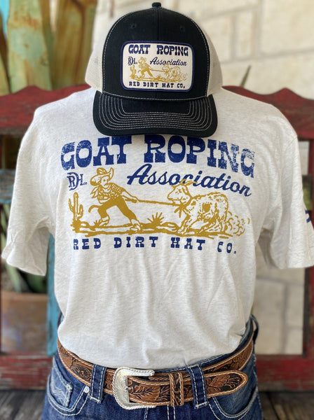 Men's Red Dirt T-Shirt with Blue Lettering "Goat Roping Association" & "Red Dirt Hat Co." with Yellow Cowboy Goat Roping - RDHCT32 - BLAIR'S Western Wear located in Marble Falls TX 