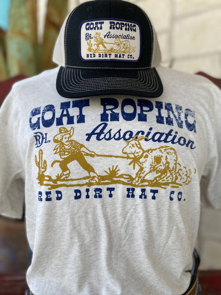 Men's Red Dirt T-Shirt with Blue Lettering "Goat Roping Association" & "Red Dirt Hat Co." with Yellow Cowboy Goat Roping - RDHCT32 - BLAIR'S Western Wear located in Marble Falls TX