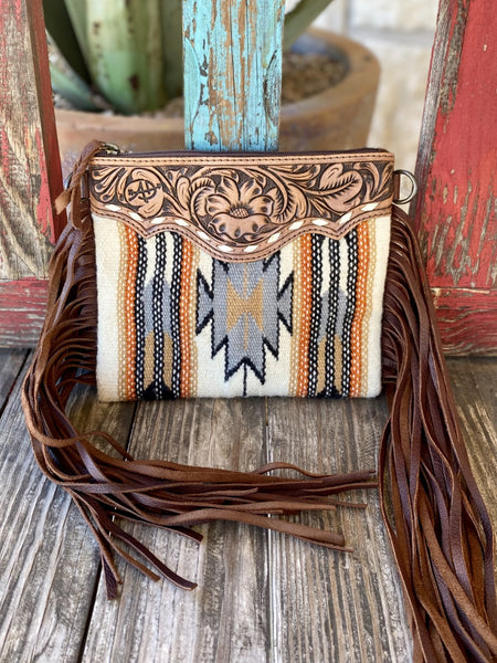 Ladies Aztec Woven Purse W/ Tooled Top & Fringe Sides - ADBG236AA - Blair's Western Wear Marble Falls, TX