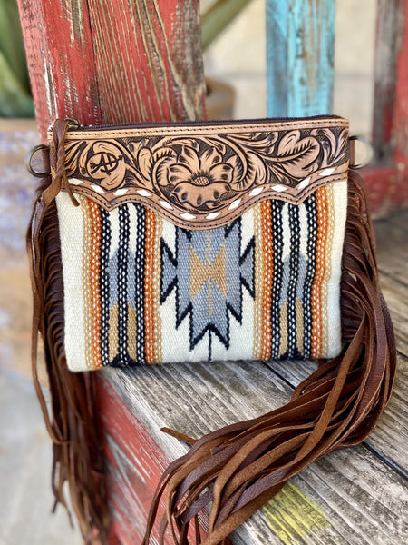 Ladies Aztec Woven Purse W/ Tooled Top & Fringe Sides - ADBG236AA - Blair's Western Wear Marble Falls, TX