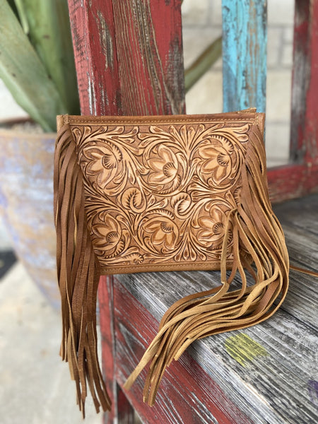 Women's Leather Tooled Purse W/ Fringe Sides - ADBG324A - Blair's Western Wear Marble Falls, TX 